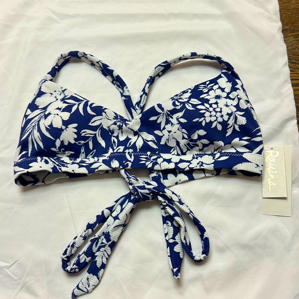 Blue and white floral bikini top, size XL, brand new, tags still on